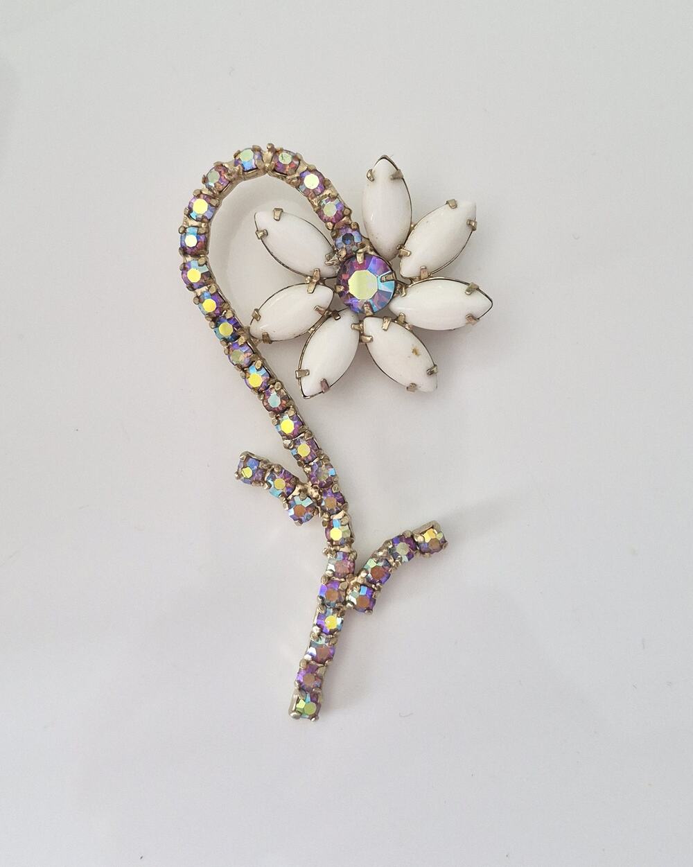 Vintage D & E Juliana Flower Milk Glass and AB Stone Brooch